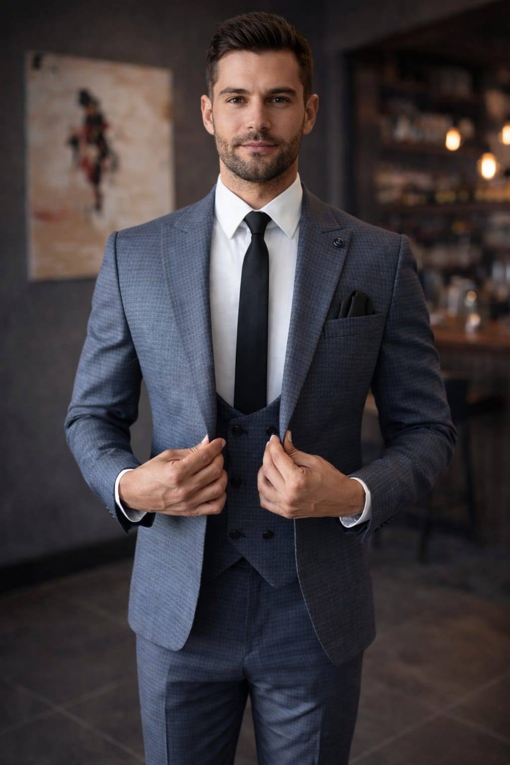 A portrait of a confident man in a stylish, tailored dark gray suit with a subtle checkered pattern, wearing a white dress sh